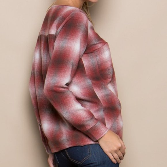 Long Sleeve Flannel Deep V Lace Up Front Top - Picture 5 of 5
